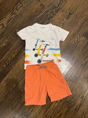 Mayoral White Tee with Blue Yellow Orange Scooter Print and Orange Shorts